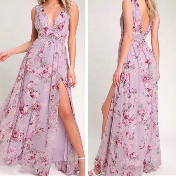 garden meandering lavender floral print maxi dress